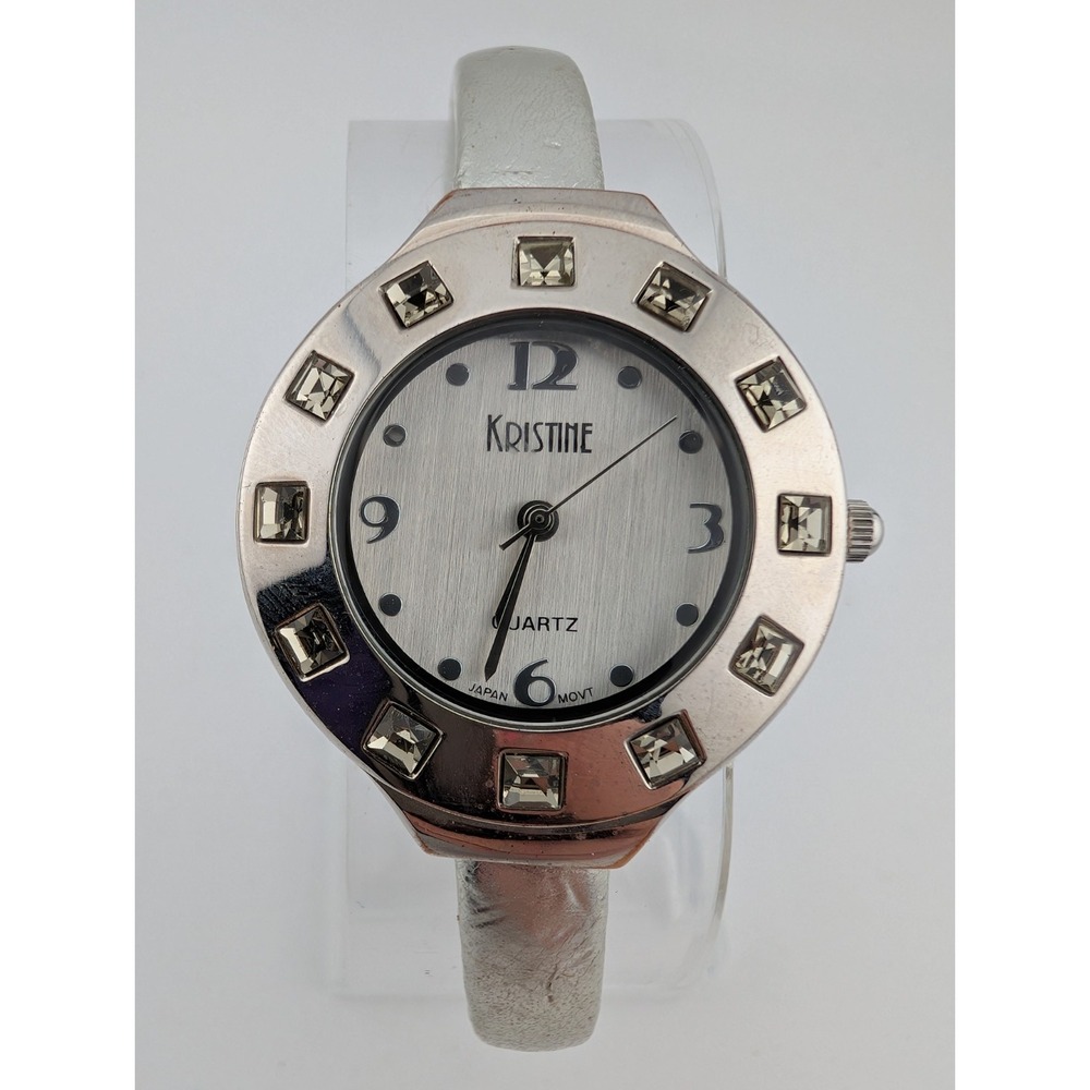 Kristine‎ Watch Women 34mm Case Silver Leather Hinge Bangle Band- New Battery